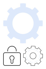 Large blue gear in the background, black lock symbol, and smaller outlined gear. Ideal for technology, cybersecurity, privacy, data protection, system settings, industrial process simple landing