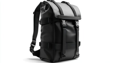 Naklejka premium Stylish black backpack with abstract graphic design, padded straps, and reflective detailing, isolate on white background