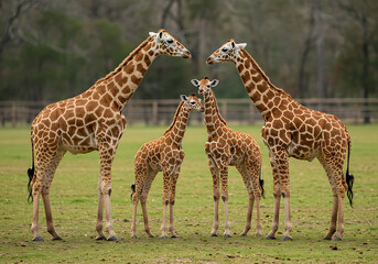Obraz premium A Giraffe Family in a Lush Green Field