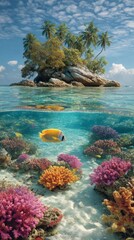 Naklejka premium A vibrant underwater scene featuring colorful corals, tropical fish, and a serene island with palm trees under a bright sky.