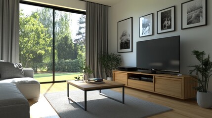 Obraz premium Modern living room, sunny garden view, interior design, home decor, relaxing atmosphere