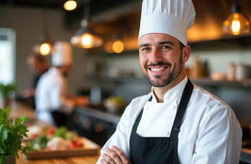 Smiling chef in professional kitchen with culinary team in background. concept international workers day, Chef's day