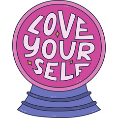 Lovely line cartoon magical crystal ball of fortune teller with bold typography in circle Love Yourself. Cute hand drawn doodle of enchanted glass ball with prophecy for future isolated on white.