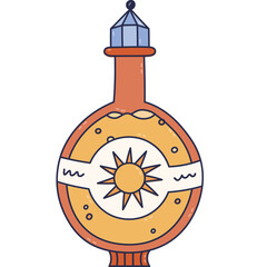 Lovely cartoon doodle of magic potion in round bottle with sun symbol on label, vintage lid for sunshine energy. Hand drawn alchemy elixir in glass jar of witch and wizard isolated on white.