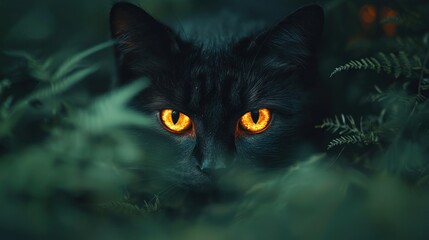 Black cat with glowing eyes hidden in foliage