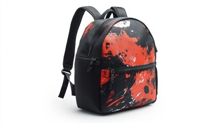 Trendy black backpack with artistic graphic prints, adjustable shoulder straps, and water-resistant fabric, isolate on white background