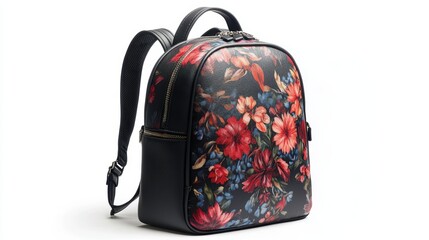Trendy black backpack with artistic graphic prints, adjustable shoulder straps, and water-resistant fabric, isolate on white background