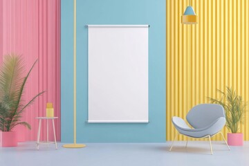 Interior scene with vibrant pastel walls, featuring a blank screen for customizable content, along with furniture and plant life.