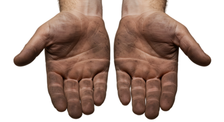 Dirty hands, A man in her dirty hands isolated on transparent background