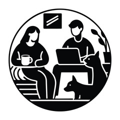 Flat design illustration of people working from home with pets and coffee