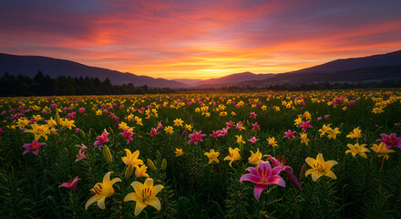 Fototapeta premium Sunset over Valley of Wild Lilies in Bloom