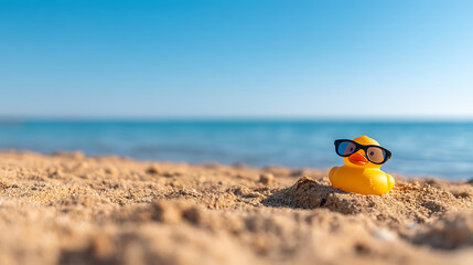 Obraz premium Golden rubber duck with sunglasses on the beach