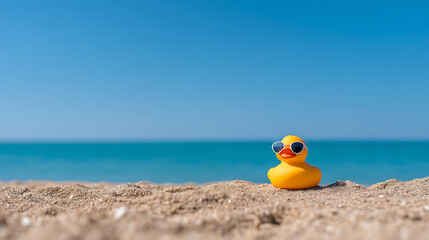 Obraz premium Golden rubber duck with sunglasses on the beach