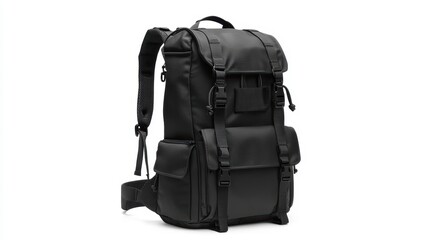 Naklejka premium Travel-friendly black backpack with modern graphic patterns, padded shoulder straps, and spacious compartments, isolate on white background