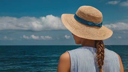 Girl from behind with a hat on her head on the beach looks at the sea.