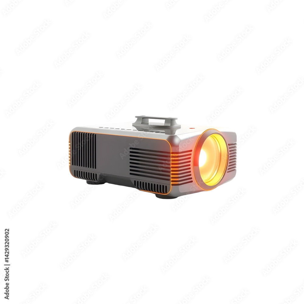 Poster Futuristic Hologram Projector Display, Emerging Tech Concept With Advanced Projection, Clear Image. Plain White Backdrop For Innovation. Modern Technology Meets Simple Design.