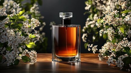 Brown bottle amid white flowers on wooden table