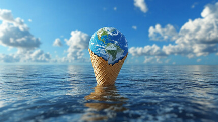 A shiny Earth-shaped ice cream cone floats against a clear sky, melting slightly, symbolizing global warming, climate change, and the fragile beauty of our planet in a modern surreal concept.


