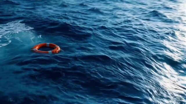 Bright Orange Life Buoy Floating on Deep Blue Ocean Waves, Symbolizing Safety
