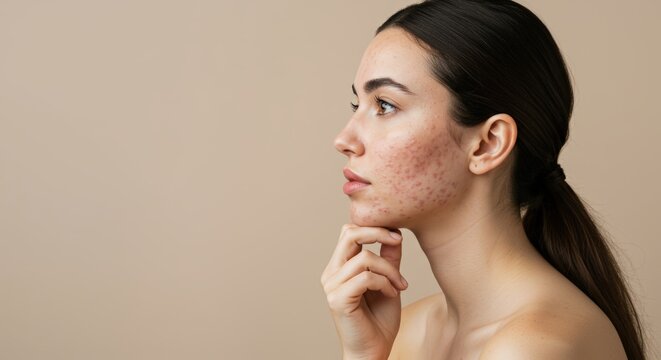 Young woman with problematic skin showing acne, blemishes in profile view on beige background. beauty portrait. Skincare, dermatology. Acne treatment, healing solutions for problem skin.
