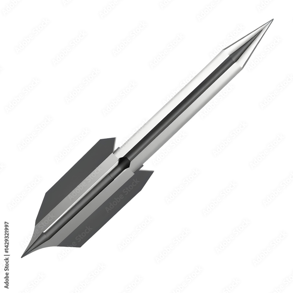 Poster Sleek Javelin Design, A Streamlined 3d Object, A Sporting Tool. This Equipment Presents Aerodynamic Properties For Distance, A Testament To Engineering. The Javelin Is Isolated Against White.