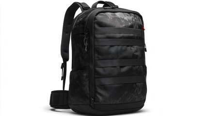Fototapeta premium Premium black backpack with digital-inspired graphic elements, ergonomic design, and durable zippers, isolate on white background