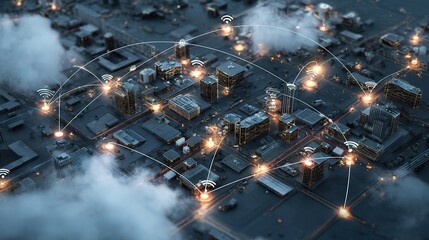 Overhead 3D View of Business Hub with IoT Devices and Connectivity