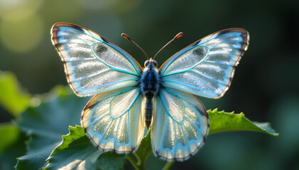 White-Winged Butterfly in Nature - Delicate Wings with Soft Sunlight on Green Background [with copy space]