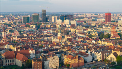 Panoramic view from the drone on the city Poznan. Poland.