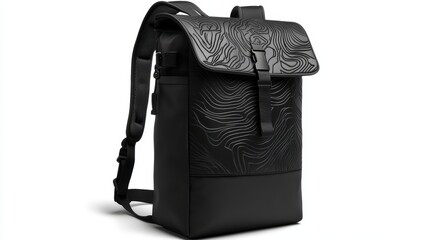 Naklejka premium Contemporary black backpack with intricate graphic patterns, water-resistant material, and ergonomic straps, isolate on white background