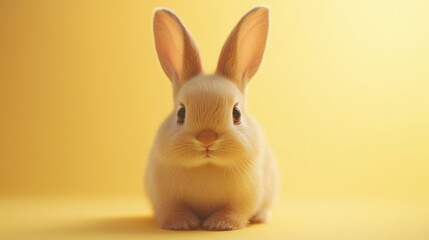 Obraz premium Cute brown bunny with floppy ears, centered on a pale yellow minimalistic backdrop