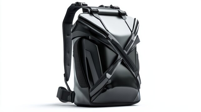 Futuristic graphic black backpack with angular design, top-loading compartment, and ergonomic straps, isolate on white background