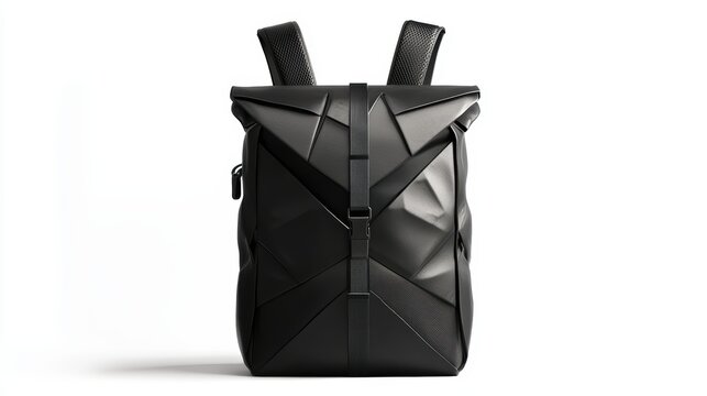 Futuristic graphic black backpack with angular design, top-loading compartment, and ergonomic straps, isolate on white background
