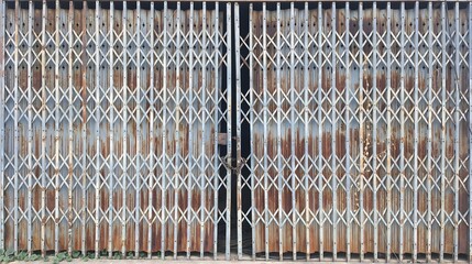 The old, rusty, steel sliding door of a large warehouse. Rustic Metal Sliding Door. Security Gate....