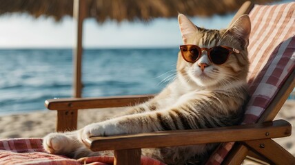 Cat on deckchair wearing sunglasses, sea background.