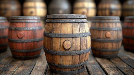 Extreme close-up of a modern empty wooden barrel standing upright in a dim cellar with rows of barrels fading into the distance, symbolizing tradition, craftsmanship, and timeless aging processes.

