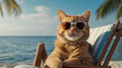 Cat on deckchair wearing sunglasses, sea background.