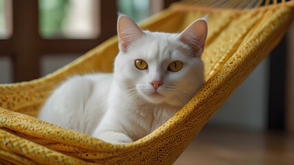 Beautiful white cat lie in a yellow fabric hammock