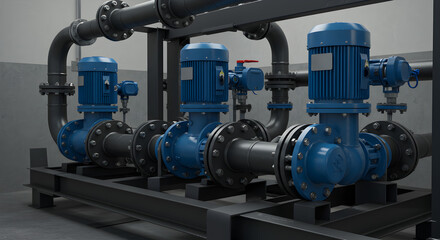 Three Blue Industrial Water Pumps Connected by Black Pipes on a Metal Frame in a Concrete Room