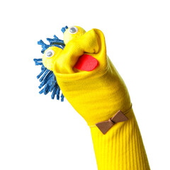 Funny sock puppet with hair isolated on white
