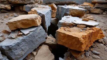 Close-up of scattered rocks and broken stones on dry rugged ground creating a natural landscape scene