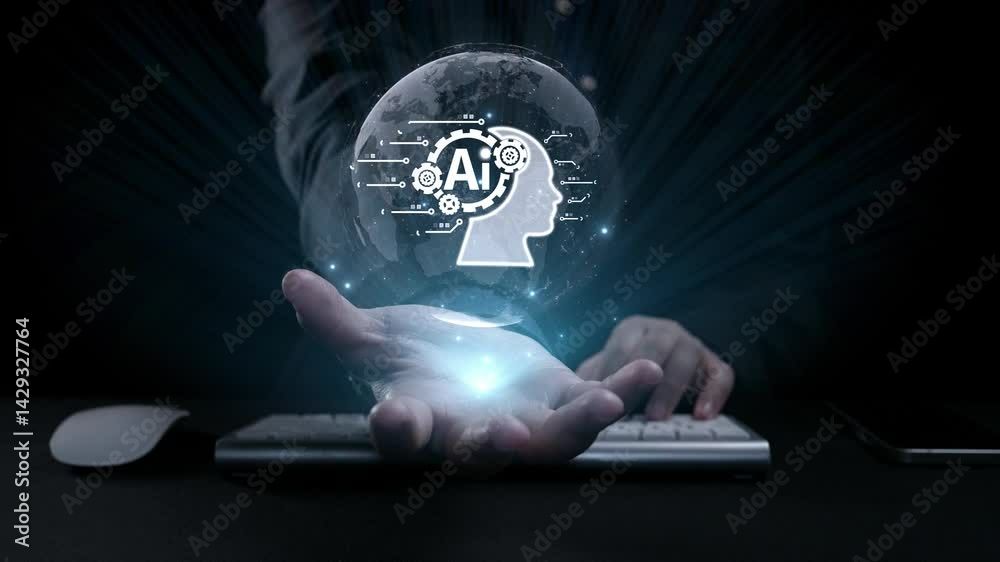 Poster human interact with ai artificial intelligence brain processor in concept of ai artificial intellige