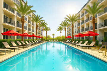 Luxurious outdoor swimming pool flanked by palm trees, sun loungers, and red umbrellas, set between two modern residential buildings.