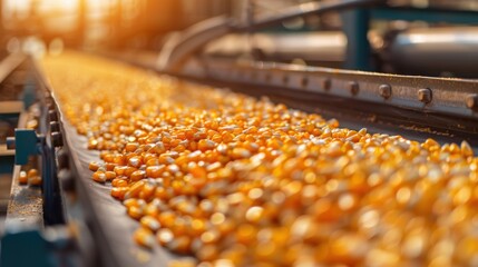 Fototapeta premium Conveyor Belts Transporting Corn Kernels for Ethanol Processing in Industrial Setting