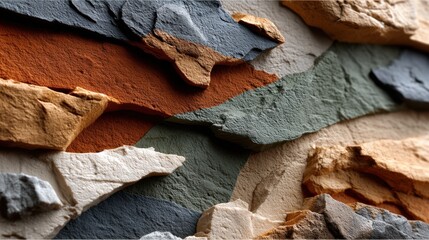 Close-up of colorful textured natural stone wall with layered slate and sandstone materials