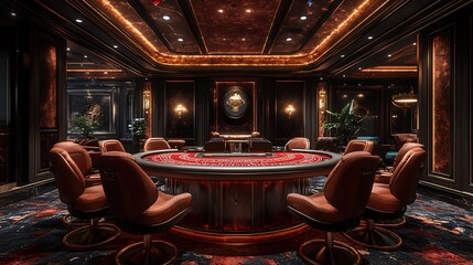 Stylish Casino Room with High-End Gaming Table and Plush Seating Photo