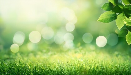 Obraz premium spring background abstract banner green blurred bokeh lights with copy space