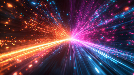 Obraz premium Abstract Colorful Glowing Streaks Bursting from Center Point Against Dark Backdrop