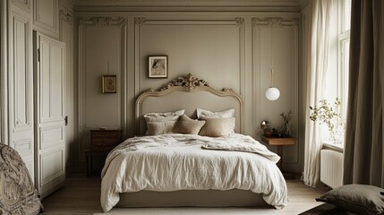 A French-inspired bedroom with an antique headboard, featuring soft and muted tones reminiscent