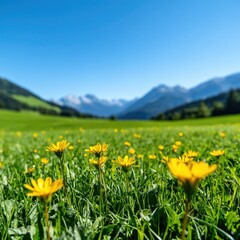 Fototapeta premium Vibrant Yellow Flowers in a Mountain Meadow